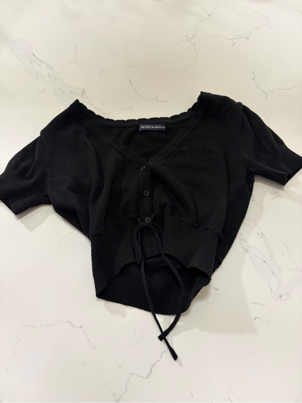 Brandy Melville Black Short Sleeve Buttoned Drawstring Top
